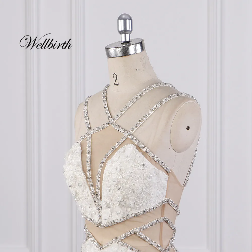 Реальное изображение Wellbirth Vestido de novia v-образный вырез tull молния сзади Русалка свадебное платье с коротким рукавом свадебное платье JC016