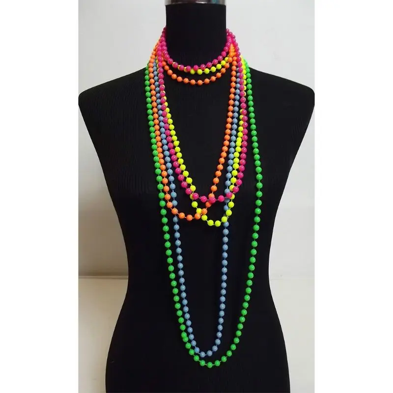Neon 80s Beads Necklace 4 String Fancy Dress Accessory Disco Rave Assorted 