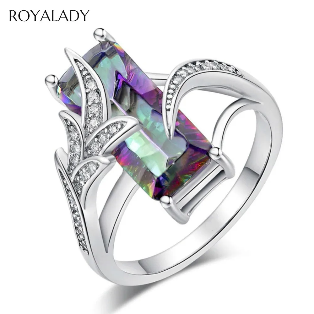 

New Colorful Rainbow Zircon Woman Ring 2019 European Wedding Engagement Crystal Ring With Big Stone Silver Color Female Jewelry