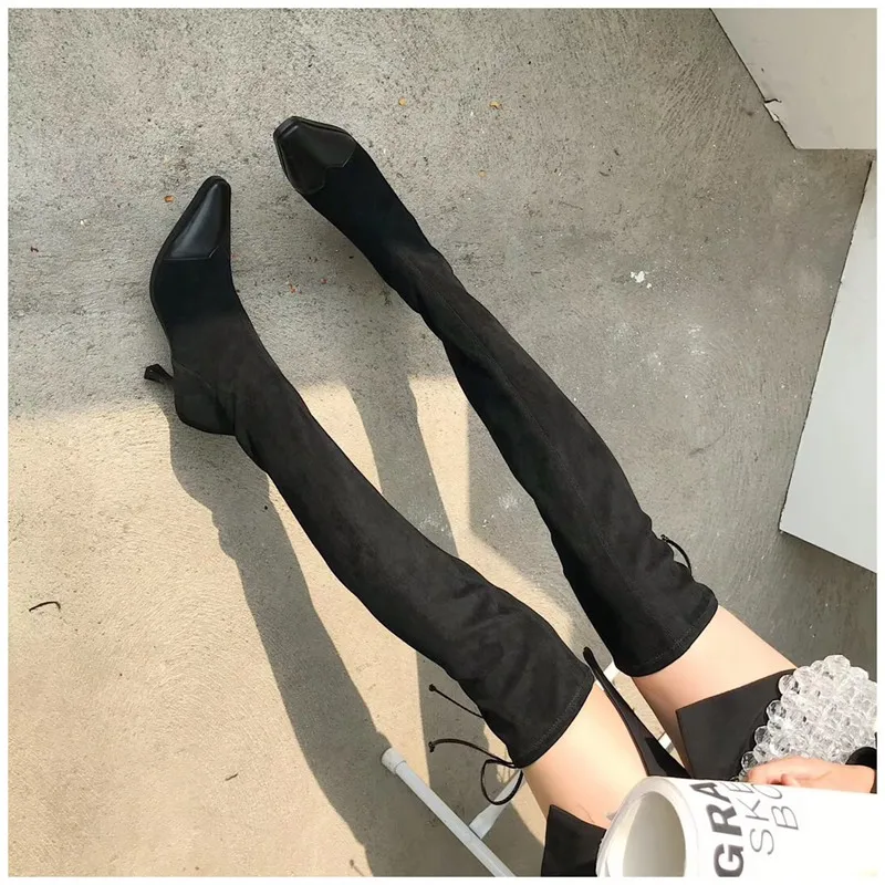 SUOJIALUN/ г.; модные эластичные женские Сапоги выше колена из флока; элегантные женские сапоги-лодочки до бедра; зимние высокие сапоги
