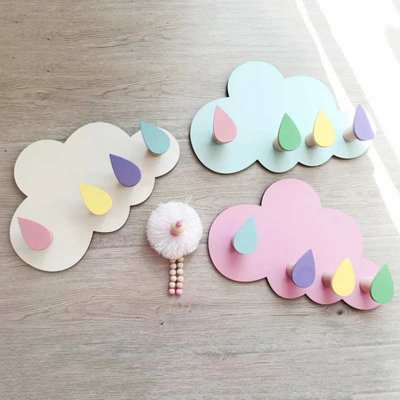 

Cartoon Cloud Design Key Holder Nail Free 4 Hooks Wall Hook Home Decoration Cloud Hang Hooks for Keys Clothes