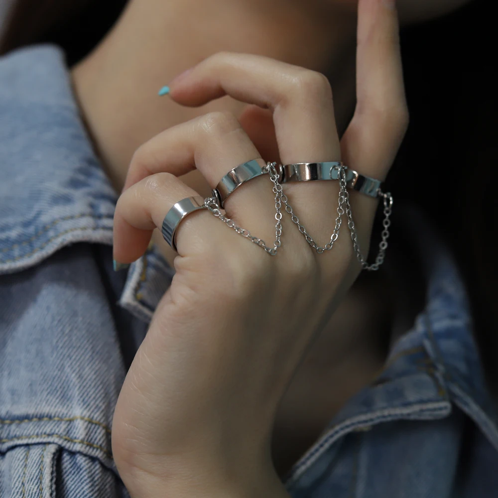 Anillos Punk Cool Hip Pop para mujer, anillos de aleación cuatro dedos abiertos, cadena ajustable multicapa, giratorios, fiesta, 2022 - AliExpress Joyería y accesorios