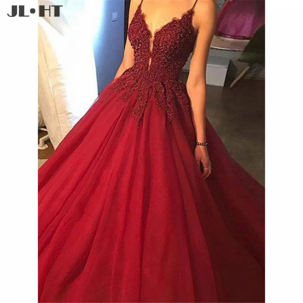 

Elegant Evening Dresses Long Spaghetti Straps Prom Gown with Beaded V-Neck Tulle Long Prom Dress Evening Gowns