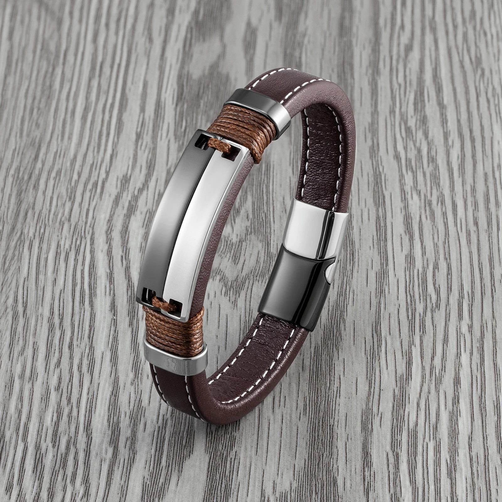 Double Row Stainless Steel Jewelry Unisex Punk Couple Bracelet Coffee Color Wide Leather Charm Brace bracelet jewelry