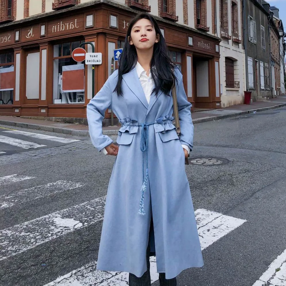 

Photo Shoot Chic Frilled Drawstring Waist Hugging Trench Coat Women's INS Apathy Trendy Blue Suit Collar over-the-Knee Long Coat