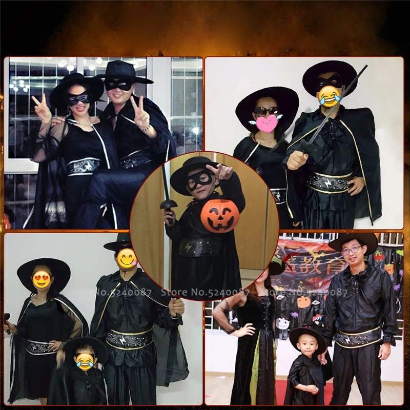 Маскарадный семейный костюм Зорро для взрослых и детей, топы, штаны, маска, шляпа, вечерние костюмы пирата, маскарадный костюм на Хэллоуин, женское платье, плащ, униформа халаты