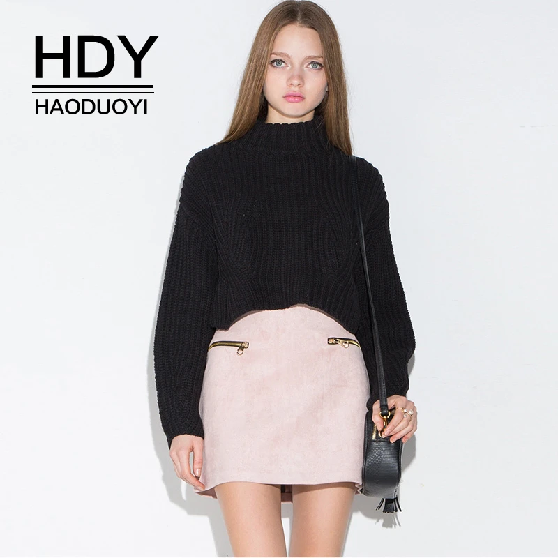 

HDY Haoduoyi 2019 Casual Solid Crewneck Tops Kawaii Sweet Loose Knit Long Sleeve Super Comfy Soft Sexy Short Pullover Sweater