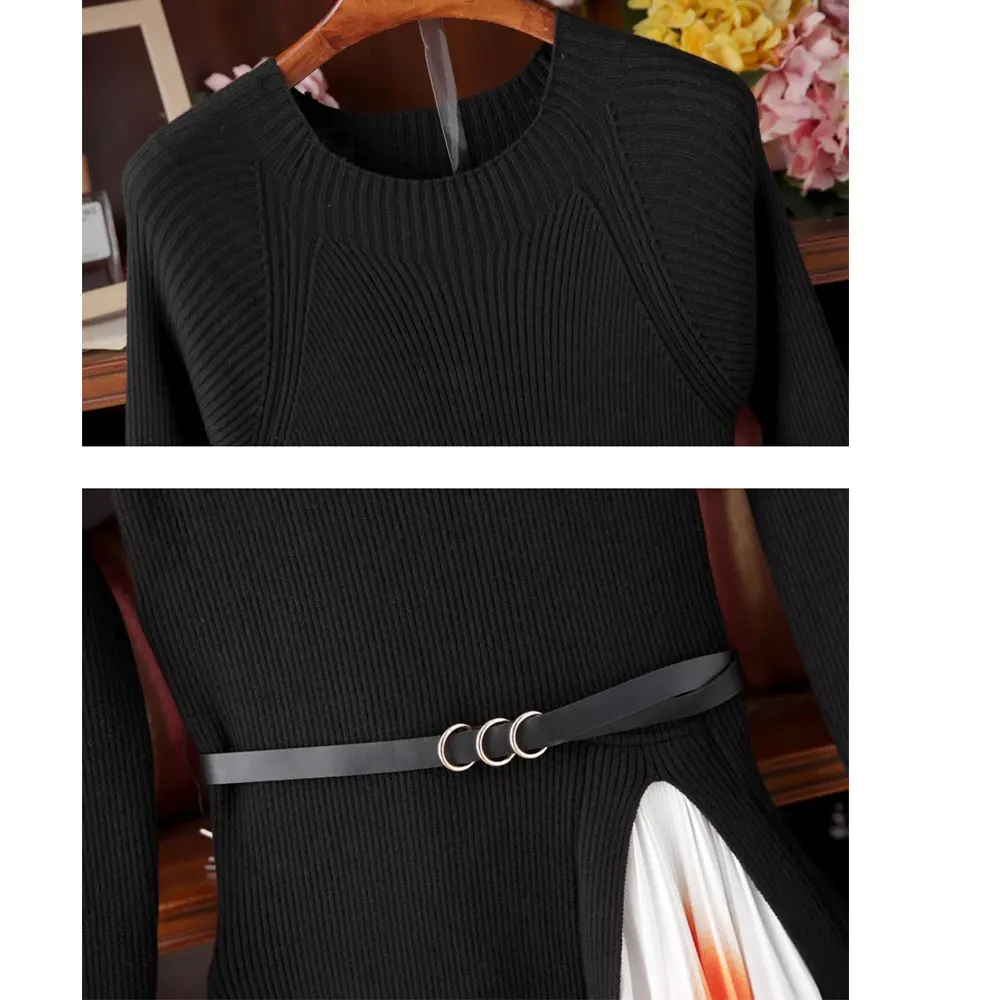 2021 Autumn Winter Women Gradient Color Stitching Knitted Warm Sweater Dress Female Long Sleeve Ol Midi Pleated Dress M8006