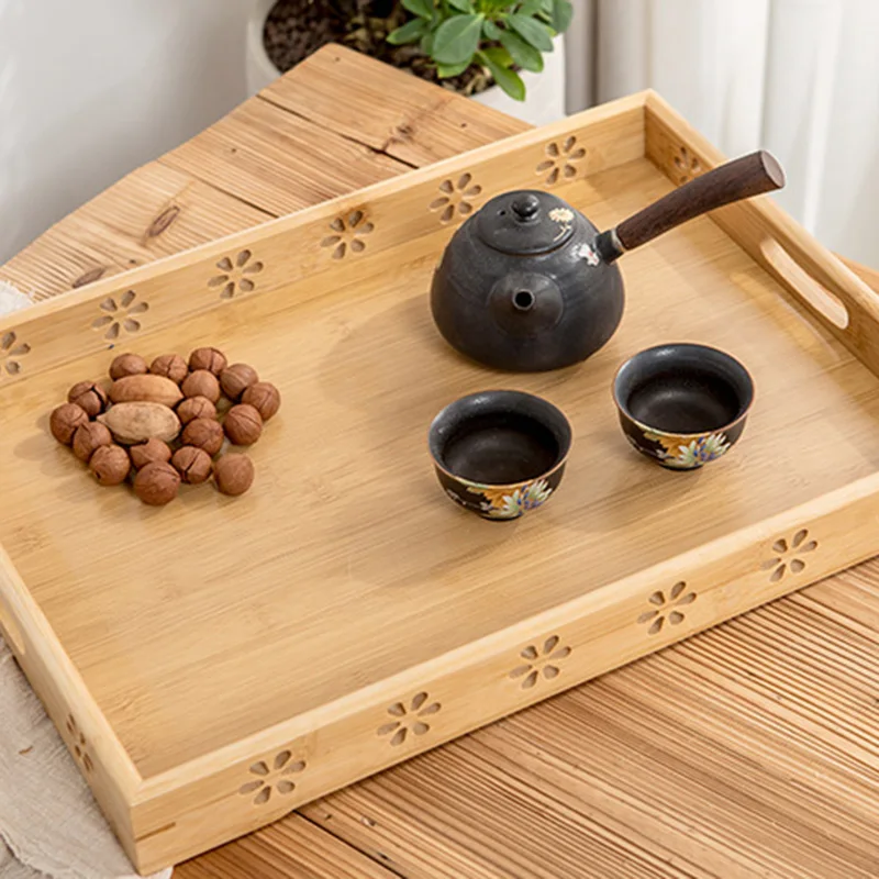 Hot Sale Hotel Bamboo Storage Tea Tray Household Daily Fruit Tableware Tea Set Bamboo Tray Bamboo Rectangular Storage Tray Carve
