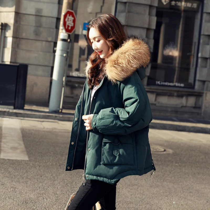 women newest hooded short duck down jacket with big fur collar female loose fashion Korean style coat thickened winter jackets