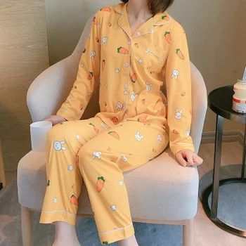 

Autumn 2020 new pajamas women long sleeve cardigan star radish rabbit suit Lapel sweet fashion open button home wear