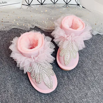 

MudiPanda Kids Winter Boots For Children Baby Girls Pink Rhinestones Non-Slip 2020 Winter New Plus Velvet Plush Shoes