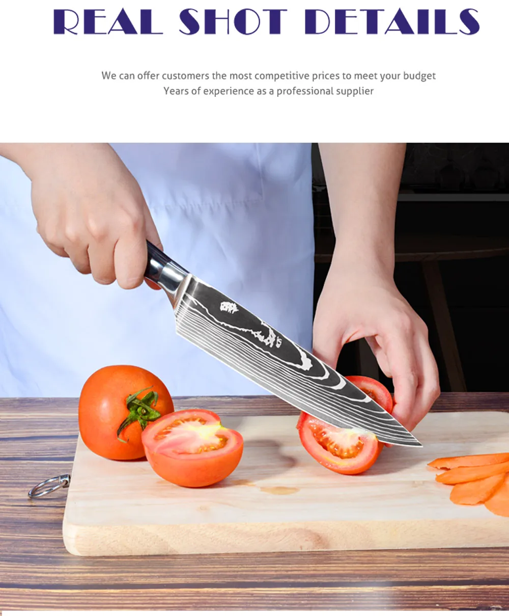 Timhome Популярные кухонные ножи Набор Профессиональный японский дамасский лазерный узор 7CR17 440C высокоуглеродистой нержавеющей нарезки Santoku