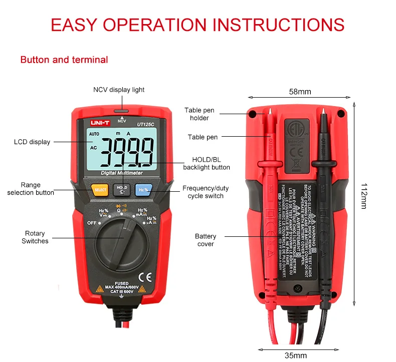Цифровой мультиметр UNI-T UT125C карманный размер NCV тест низкого напряжения дисплей цифровой измеритель