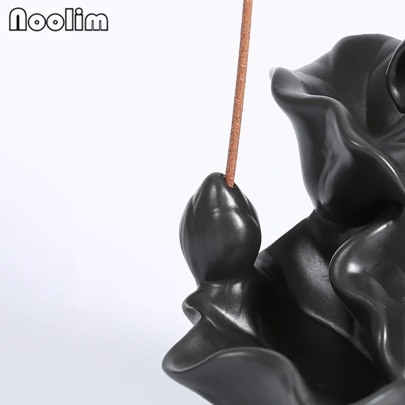 Ceramic Black Lotus Backflow Incense Burner Incense Stick Holder Sandalwood Incense Waterfall Censer Home Decor+ 10pcs Cones