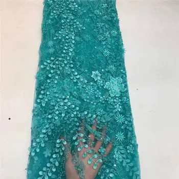 

New green laser beaded african lace fabric 3d flowers tulle lace 2020 latest embroidery french net lace for wedding 5yards / lot