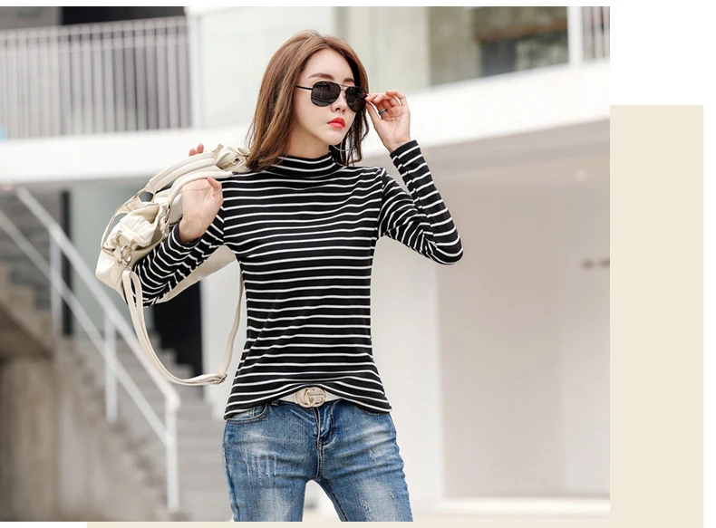 Striped Thicken T Shirt Women Turtleneck Tshirt Woman Clothes Poleras Mujer De Moda Fall Long Sleeve Cotton Tees Female