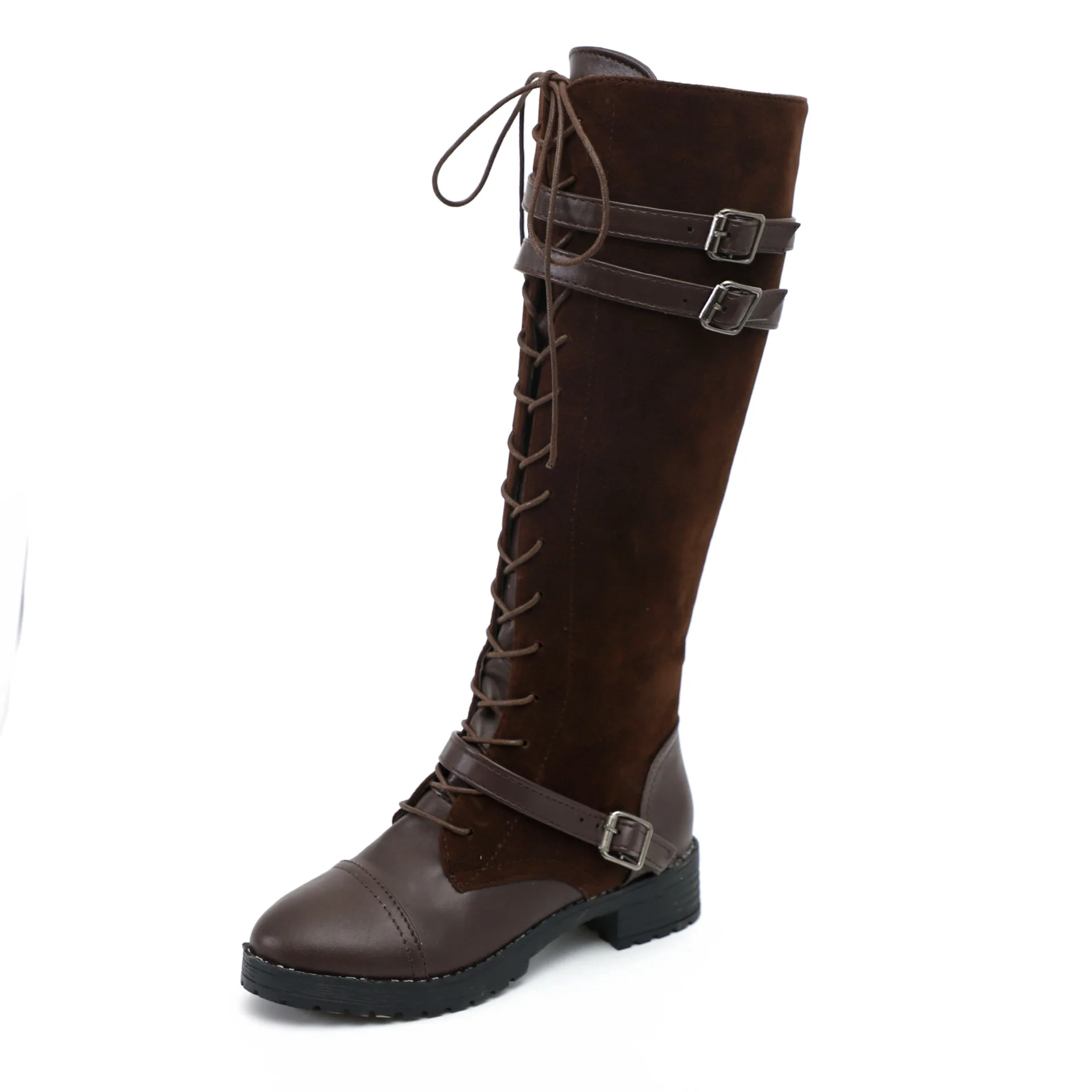 Botas mujer invierno/ г. Осенне-зимние рыцарские сапоги с круглым носком высокие сапоги до колена с перекрестными ремешками на квадратном каблуке; большие размеры 43 - Цвет: Dark Brown