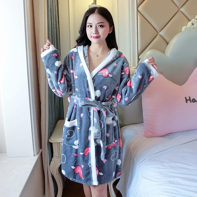 

Autumn & Winter Pajamas Women's New Style Thick Flannel Gown Long Sleeve Cute Sweet Hooded Pajama One-piece Bathrobe