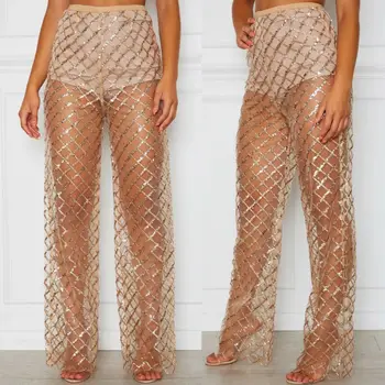 

US Women Crochet Beach Wide Leg Pants Lace See Through Swimwear Beach Trousers