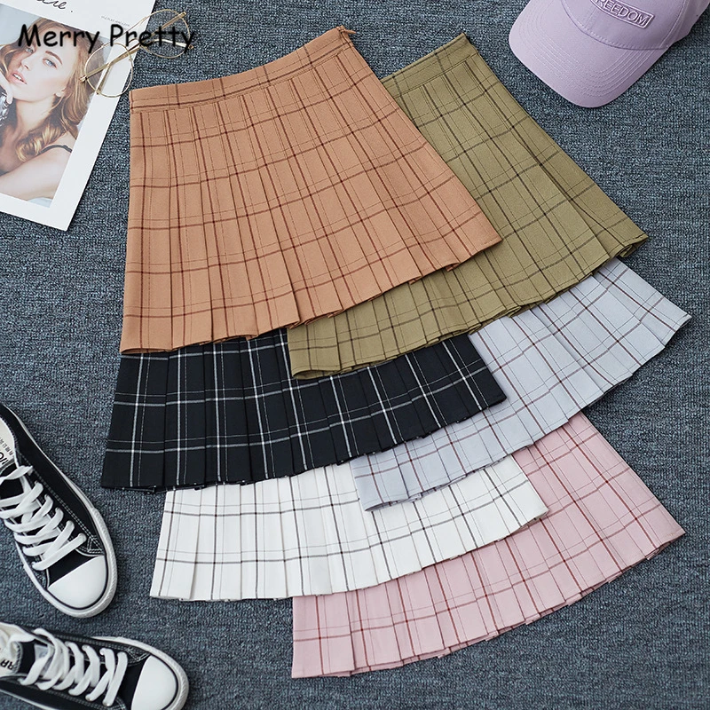 

Merry Pretty XS-2XL Plus Size Cotton Women's Plaid Pleated Skirts 2019 Autumn Sweet Style Girl Hight Waist Zippers Mini Skirt