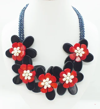 

Natural Brazil Black, semi-precious stones, and red coral flower necklace