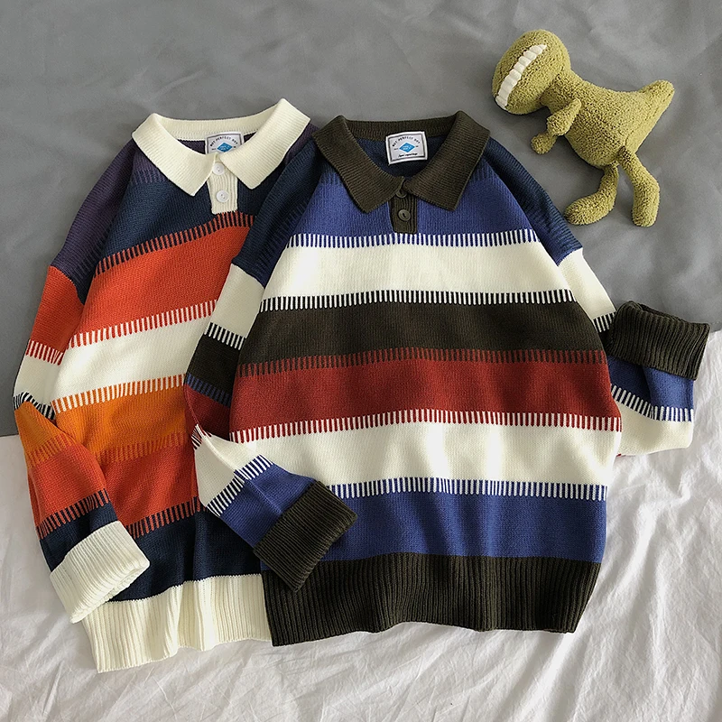 Winter Striped Sweater Men Warm Fashion Contrast Color Casual Lapel Knit Sweater Man Loose Long-sleeved Pullover Men Sweter Winter Striped Sweater Men Warm Fashion Contrast Color Casual Lapel Knit Sweater Man Loose Long-sleeved Pullover Men Sweter