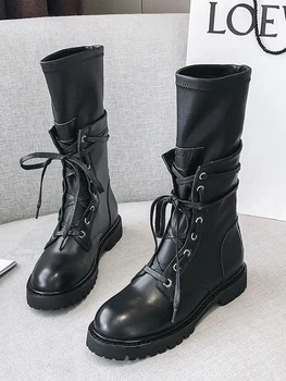 

Boots Women Zapatos De Mujer Round Toe Botas Mujer Lace Up Ladies Shoes Low Heels Black Boots Mid Calf Boots Back Zipper