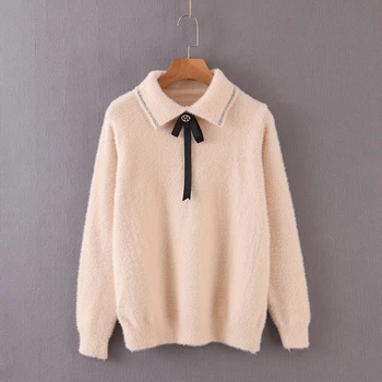

New Casual Preppy Style Sweater Women Turn Down Collar Lace Up Bow Pullovers Long Sleeve Kintwear Jumpers XB9530