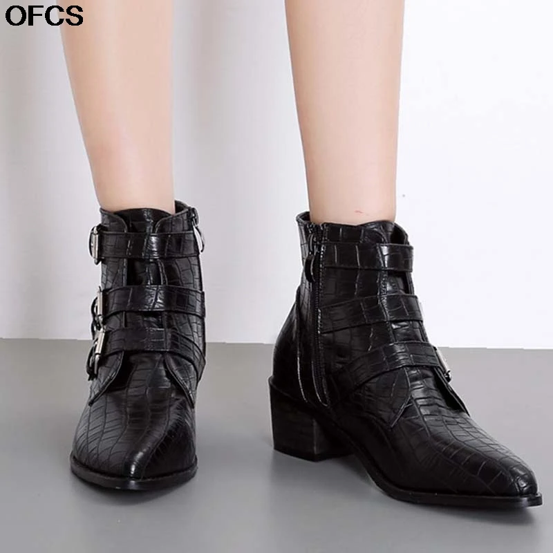 

2019 Black Women Ankle Boots Women Pointed Toe Short Boots Thick High Heels Zipper Buckle Strap Boot Fashion Shoes Women Winter