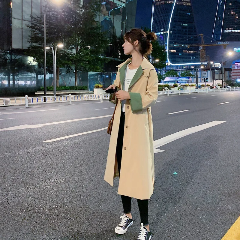 

Photo Shoot Trench Coat Women's Mid-length 2019 Spring And Autumn New Style Korean-style Loose-Fit Contrast Color CHIC over-the-