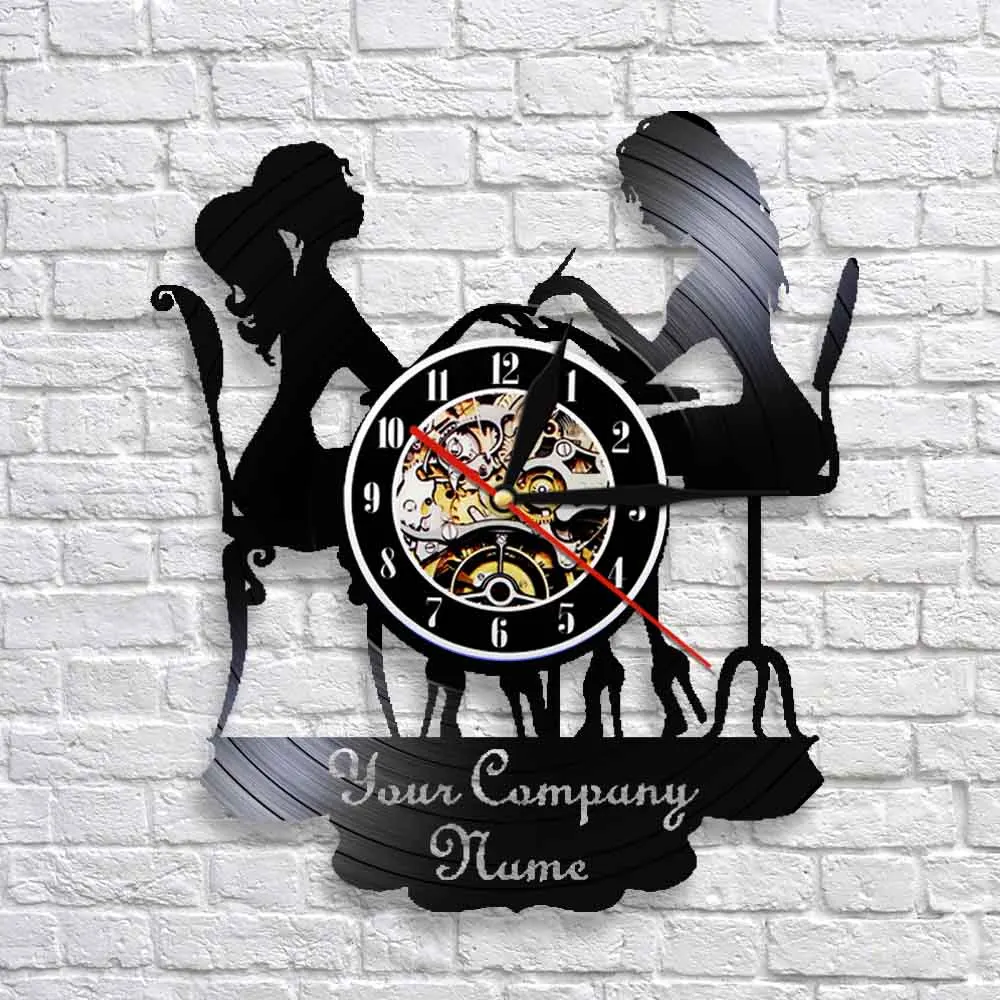 Пользовательские спа-салон бизнес настенный знак Настенный декор маникюрный салон персонализированное ваше имя Виниловая пластинка настенные часы лак модные художественные часы