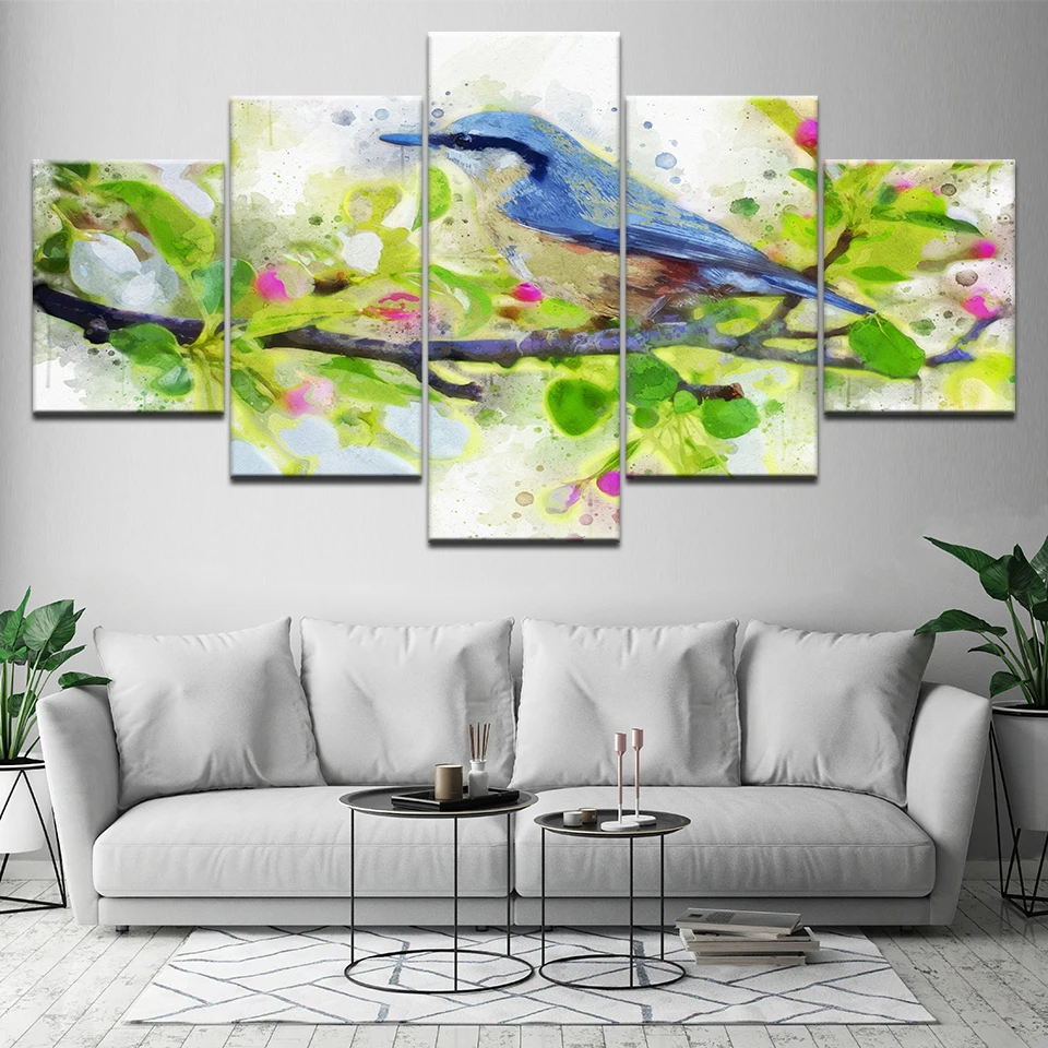 

HD Print Pictures Wall Art Modern Room Decor Framework 5 Pieces Bird Stood On The Branch Abstract Painting Modular Canvas Poster