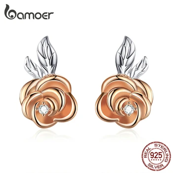 

bamoer GAE327 925 Sterling Silver Stud Earrings Elegant 3D Rose Flower Stud Earrings 2020 Spring Series Wedding Fine Jewelry