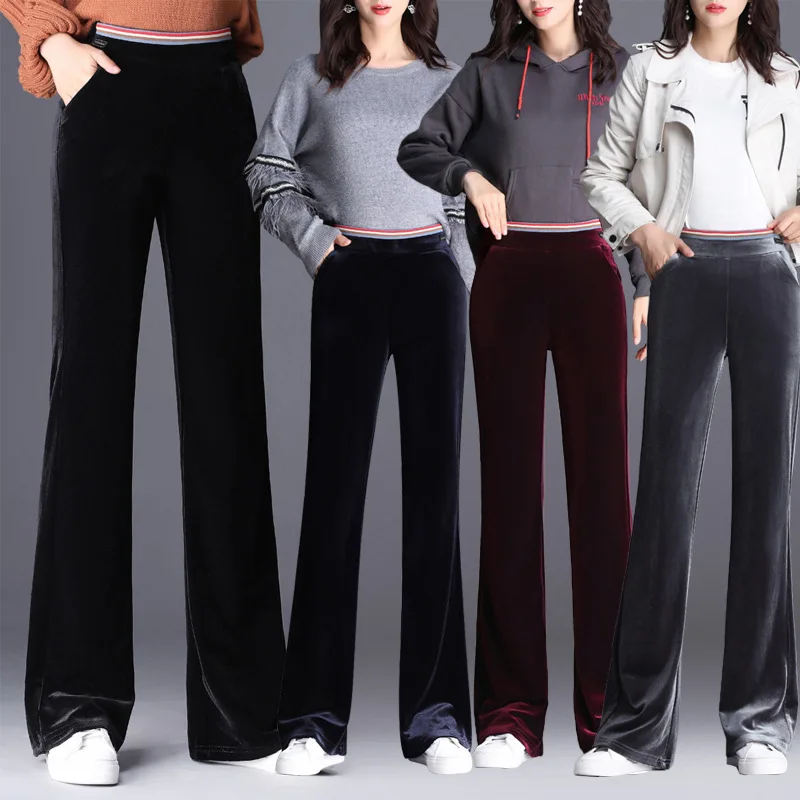 Pendant Sense Gold Velvet Micro Bell-bottom Pants Women's Autumn Elastic Waist High-waisted Straight-Cut Casual Trousers Wi