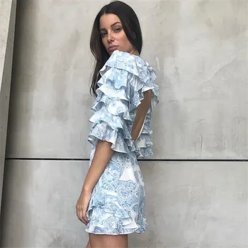

High Quality 2020 Newest Sexy Playsuits Jumpsuits Flower Printed Ruffled Light Blue Rompaers Overalls for Women Holiday
