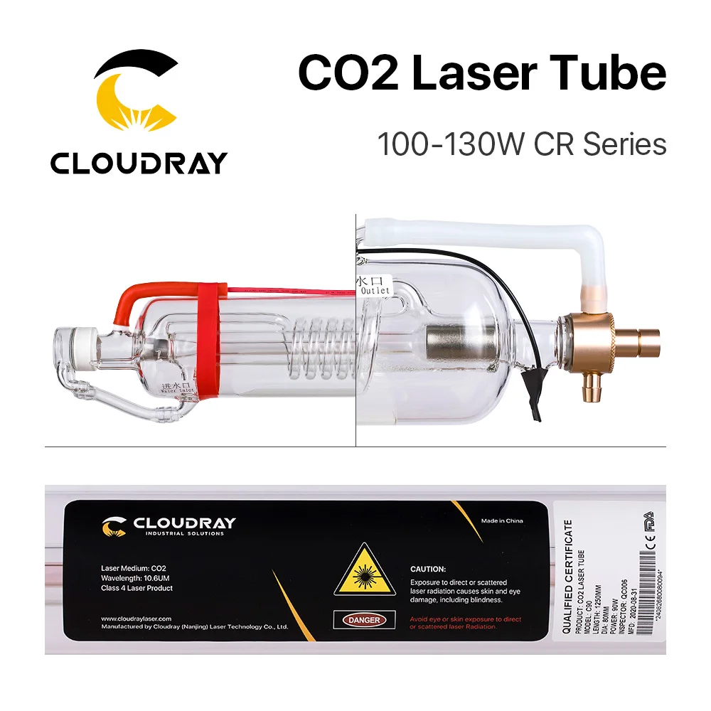 Cloudray CR Series CR100 100-130W CO2 Laser Tube Length 1450mm Dia.80mm Upgraded Metal Head Glass Pipe for CO2 Laser Machine