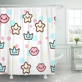 

The Stars Lips and Crowns Funny Faces Kawaii Bathroom Curtains Waterproof Polyester Fabric 72 x 78 inches Set with Hooks