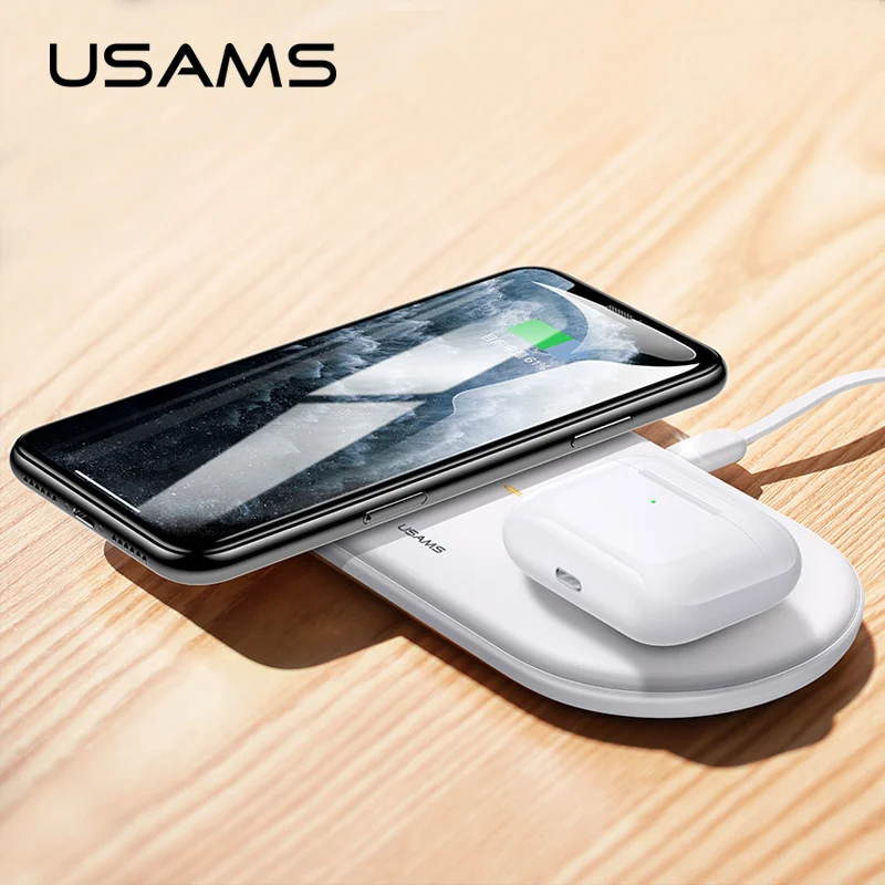 

USAMS 2 in 1 Wireless charger for iPhone Samsung Note 10 S9 Qi Wireless charging Pad 10W Fast Charge for airpods 11 pro max XS 8