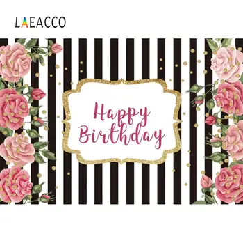 

Laeacco Birthday Backdrops For Photography Black White Stripes Flowers Golden Dots Customized Banner Photo Backdrop Photo Studio