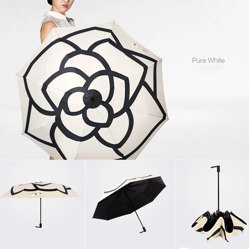 Creative Camellia Dual Use Manual Umbrella Outdoor Vinyl Rubber Handle Umbrella College Style Three-Fold Umbrella