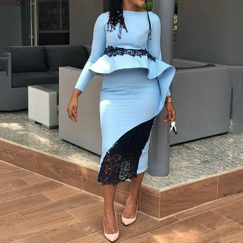 

Ruffled Cocktail Party Dress Office Elegant Women Bodycon Midi Dresses Summer Sexy Lace Patchwork Sky Blue High Waist Vestidos
