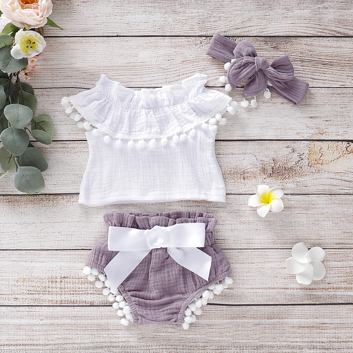 

Summer Newborn Cotton Casual 3 Piece Set Baby Girl Pom-pom decoration Ruffled Collar Top and Shorts with Headband Crawling Suit
