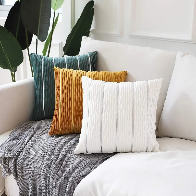 

Light Luxury Simple Silver Stripe Crumpled Solid Color Pillowcase Flannel Sofa Cushion Cover Spot Wholesale Decorative Pillows