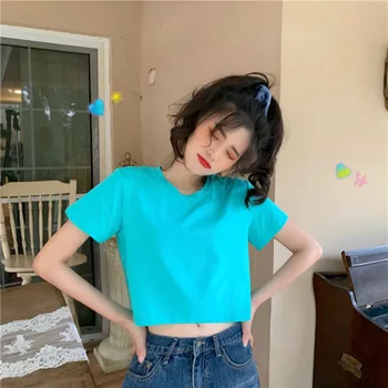 

YZY Summer Solid Color Water Color Short Base Shirt Navel round Neckline