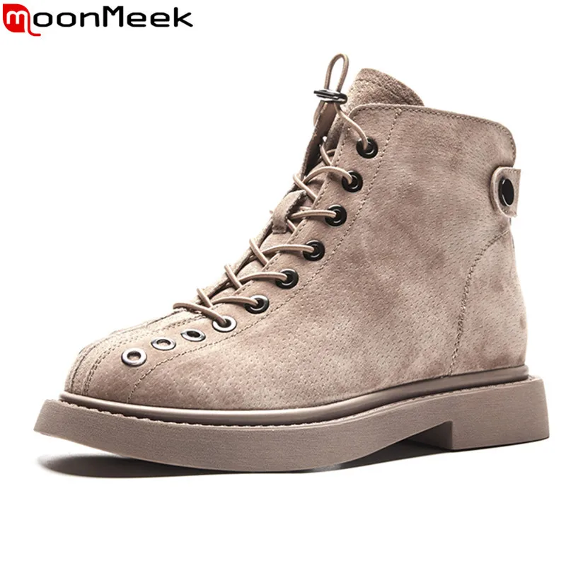 

MoonMeek 2020 new hot sale simple lace up ankle boots low heel round toe leisure shoes autumn women boots black khaki