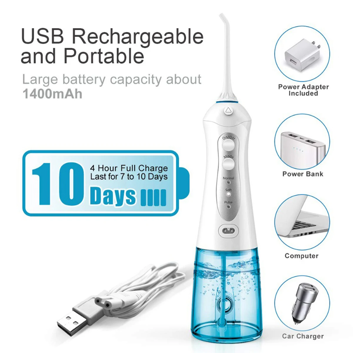 IPX7 ирригатор для полости рта водный Флоссер USB перезаряжаемая переносная зубная вода Флоссер с 2 струйными наконечниками для ухода за зубами брекеты