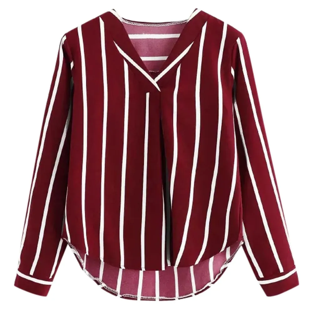 womens tops and blouses Casual Autumn Long Sleeve V Neck blouses Irregular Stripe Shirt womens top womens clothing#XP20 - Цвет: Red