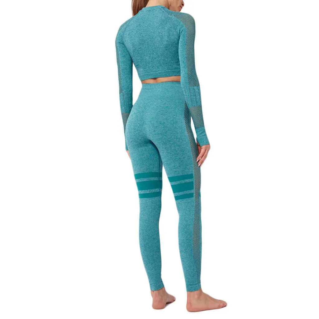 Mint Green Одежда для тренировок, одноцветные леггинсы, набор для йоги, Женский бесшовный облегающий хип-лифтинг, длинные рукава, для бега, фитнеса, тофа, штаны#301115 - Цвет: Mint Green