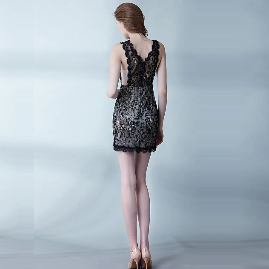 Skyyue, коктейльное платье, новинка, v-образный вырез, без рукавов, Vestidos De Coctel, кружевное, мини, перспективное платье, черное, элегантное, официальное платье, H117